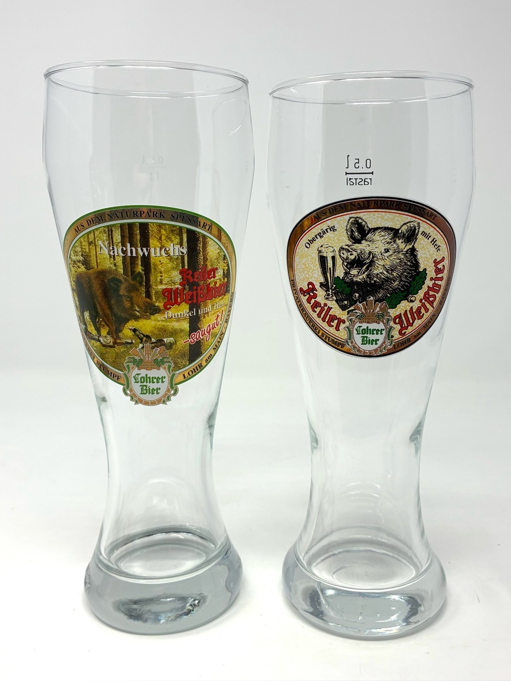 VTG German Wheat Beer Glasses Lohrer Keiler 0.5 Liter Weizenbier Boar Germany 2